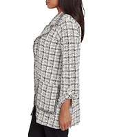 Ruby Rd. Petite Size Tweed Metallic Plaid Notch Lapel Collar Long Roll-Tab Sleeve Open-Front Jacket