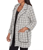 Ruby Rd. Petite Size Tweed Metallic Plaid Notch Lapel Collar Long Roll-Tab Sleeve Open-Front Jacket