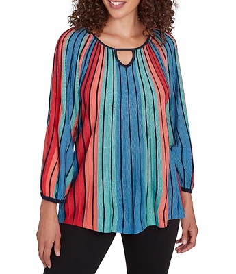 Ruby Rd. Petite Size Multicolor Vertical Stripe Sweater Knit Ballet Keyhole Neck Bracelet Sleeve Top