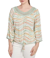Ruby Rd. Petite Size Wavy Stripe Metallic Details Lace Embellished Scoop Neck 3/4 Sleeve Tie-Front Top