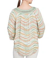 Ruby Rd. Petite Size Wavy Stripe Metallic Details Lace Embellished Scoop Neck 3/4 Sleeve Tie-Front Top