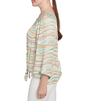 Ruby Rd. Petite Size Wavy Stripe Metallic Details Lace Embellished Scoop Neck 3/4 Sleeve Tie-Front Top