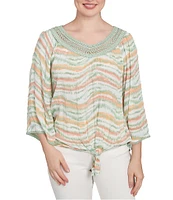 Ruby Rd. Petite Size Wavy Stripe Metallic Details Lace Embellished Scoop Neck 3/4 Sleeve Tie-Front Top