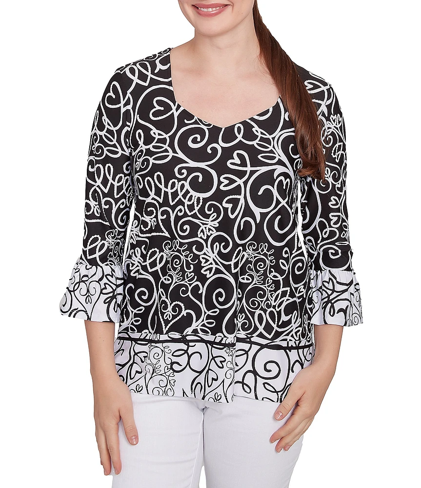 Ruby Rd. Petite Size Whirlwind Heart Border Print Knit Sweetheart Neck 3/4 Sleeve Top