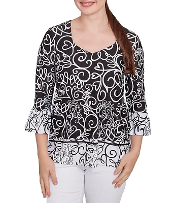 Ruby Rd. Petite Size Whirlwind Heart Border Print Knit Sweetheart Neck 3/4 Sleeve Top