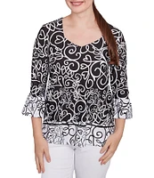 Ruby Rd. Petite Size Whirlwind Heart Border Print Knit Sweetheart Neck 3/4 Sleeve Top