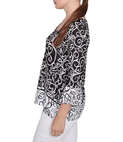 Ruby Rd. Petite Size Whirlwind Heart Border Print Knit Sweetheart Neck 3/4 Sleeve Top
