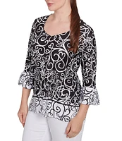 Ruby Rd. Petite Size Whirlwind Heart Border Print Knit Sweetheart Neck 3/4 Sleeve Top
