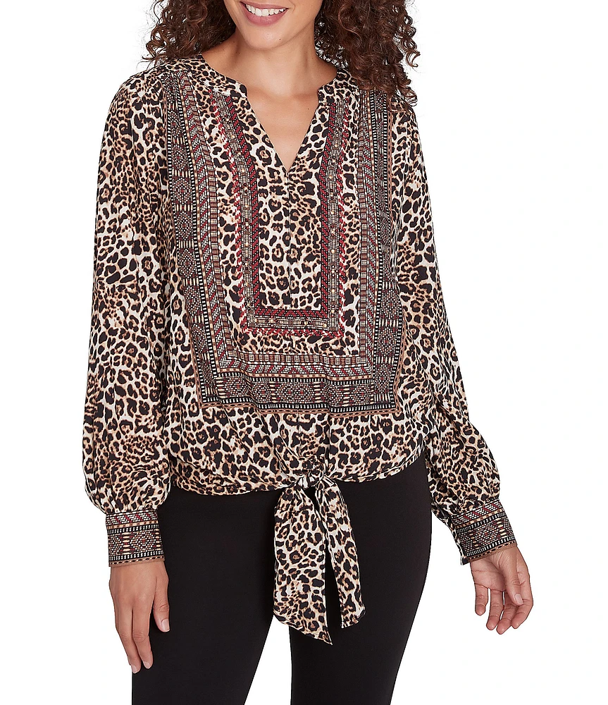 Ruby Rd. Petite Size Woven Beaded Animal Print Split V-Neck Long Blouson Sleeve Tie-Front Top