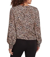 Ruby Rd. Petite Size Woven Beaded Animal Print Split V-Neck Long Blouson Sleeve Tie-Front Top