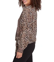 Ruby Rd. Petite Size Woven Beaded Animal Print Split V-Neck Long Blouson Sleeve Tie-Front Top