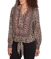 Ruby Rd. Petite Size Woven Beaded Animal Print Split V-Neck Long Blouson Sleeve Tie-Front Top