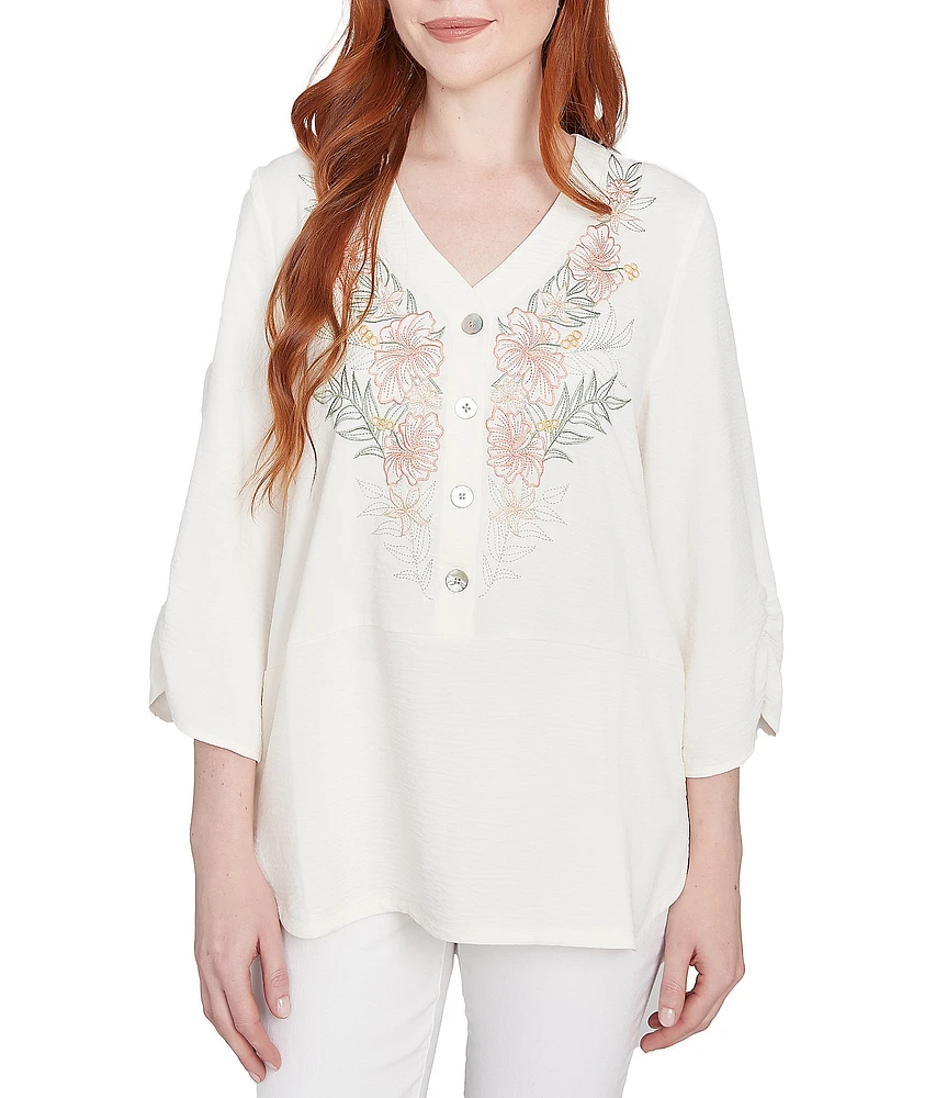 Ruby Rd. Petite Size Woven Embroidery Floral V-Neck 3/4 Sleeve Gauze Top