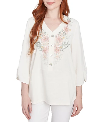 Ruby Rd. Petite Size Woven Embroidery Floral V-Neck 3/4 Sleeve Gauze Top