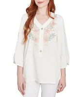 Ruby Rd. Petite Size Woven Embroidery Floral V-Neck 3/4 Sleeve Gauze Top