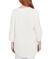 Ruby Rd. Petite Size Woven Embroidery Floral V-Neck 3/4 Sleeve Gauze Top
