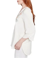 Ruby Rd. Petite Size Woven Embroidery Floral V-Neck 3/4 Sleeve Gauze Top