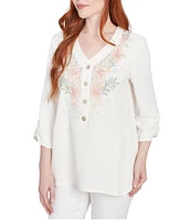 Ruby Rd. Petite Size Woven Embroidery Floral V-Neck 3/4 Sleeve Gauze Top