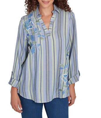 Ruby Rd. Petite Size Woven Embroidered Floral Stripe Collared V-Neck Long Roll-Tab Sleeve Blouse