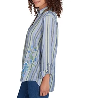 Ruby Rd. Petite Size Woven Embroidered Floral Stripe Collared V-Neck Long Roll-Tab Sleeve Blouse