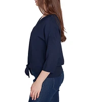 Ruby Rd. Petite Size Woven Gauze V-Neck 3/4 Sleeve Tie-Front Top