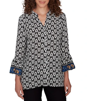 Ruby Rd. Petite Size Woven Ikat Border Print Band Neck 3/4 Sleeve Button-Front Top