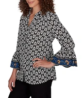 Ruby Rd. Petite Size Woven Ikat Border Print Band Neck 3/4 Sleeve Button-Front Top