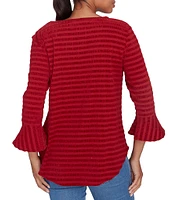 Ruby Rd. Petite Size Woven Luxe Crew Neck 3/4 Flounce Sleeve Smocked Stripe Top