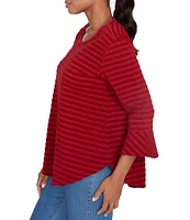 Ruby Rd. Petite Size Woven Luxe Crew Neck 3/4 Flounce Sleeve Smocked Stripe Top