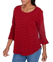 Ruby Rd. Petite Size Woven Luxe Crew Neck 3/4 Flounce Sleeve Smocked Stripe Top