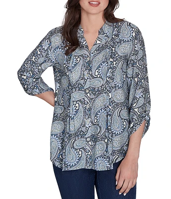 Ruby Rd. Petite Size Woven Paisley Print Band Collar 3/4 Roll-Tab Sleeve Button-Front Top