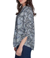 Ruby Rd. Petite Size Woven Paisley Print Band Collar 3/4 Roll-Tab Sleeve Button-Front Top