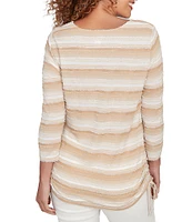 Ruby Rd. Petite Size Yarn-Dyed Eyelash Stripe Scoop Neck 3/4 Sleeve Adjustable Side Ties Top