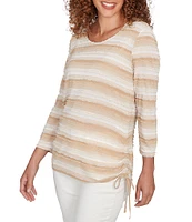 Ruby Rd. Petite Size Yarn-Dyed Eyelash Stripe Scoop Neck 3/4 Sleeve Adjustable Side Ties Top