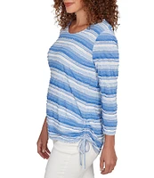 Ruby Rd. Petite Size Yarn-Dyed Eyelash Stripe Scoop Neck 3/4 Sleeve Adjustable Side Ties Top