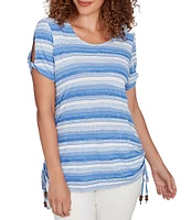 Ruby Rd. Petite Size Yarn-Dyed Knit Stripe Scoop Neck Short Sleeve Side Ties Top