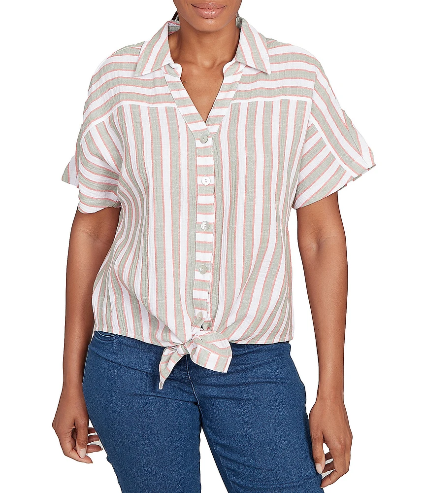 Ruby Rd. Petite Size Yarn-Dyed Woven Stripe Collared V-Neck Short Sleeve Button Front Shirt