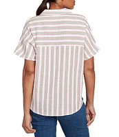 Ruby Rd. Petite Size Yarn-Dyed Woven Stripe Collared V-Neck Short Sleeve Button Front Shirt