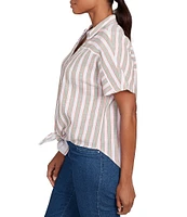 Ruby Rd. Petite Size Yarn-Dyed Woven Stripe Collared V-Neck Short Sleeve Button Front Shirt