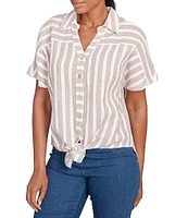 Ruby Rd. Petite Size Yarn-Dyed Woven Stripe Collared V-Neck Short Sleeve Button Front Shirt