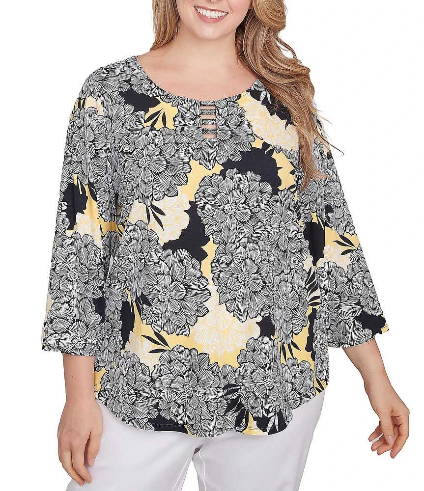 Ruby Rd. Plus Size Abstract Floral Dahlia Knit Crew Neck 3/4 Sleeve Top