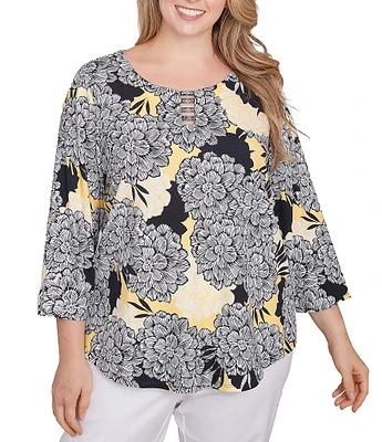 Ruby Rd. Plus Size Abstract Floral Dahlia Knit Crew Neck 3/4 Sleeve Top