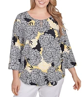 Ruby Rd. Plus Size Abstract Floral Dahlia Knit Crew Neck 3/4 Sleeve Top