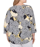 Ruby Rd. Plus Size Abstract Floral Dahlia Knit Crew Neck 3/4 Sleeve Top