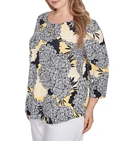 Ruby Rd. Plus Size Abstract Floral Dahlia Knit Crew Neck 3/4 Sleeve Top