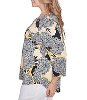 Ruby Rd. Plus Size Abstract Floral Dahlia Knit Crew Neck 3/4 Sleeve Top