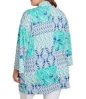 Ruby Rd. Plus Size Bali Patchwork Print Shawl Collar 3/4 Sleeve Open-Front Cardigan