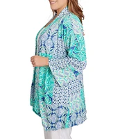 Ruby Rd. Plus Size Bali Patchwork Print Shawl Collar 3/4 Sleeve Open-Front Cardigan