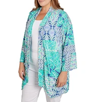 Ruby Rd. Plus Size Bali Patchwork Print Shawl Collar 3/4 Sleeve Open-Front Cardigan