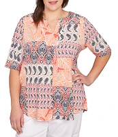 Ruby Rd. Plus Size Bali Patchwork Print Split V-Neck Short Sleeve Knit Tee